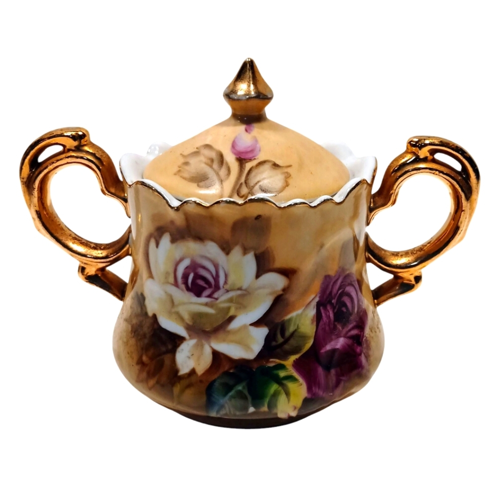 Vintage 1960's Lefton Heritage Brown Porcelain Sugar Bowl with Gold Handles